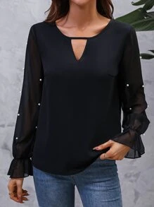 SHEIN LUNE Contrast Mesh Keyhole Neckline Flounce Sleeve Pearls Beaded Blouse - Black - View 3