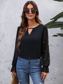 SHEIN LUNE Contrast Mesh Keyhole Neckline Flounce Sleeve Pearls Beaded Blouse - Black - View 5
