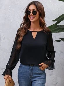 SHEIN LUNE Contrast Mesh Keyhole Neckline Flounce Sleeve Pearls Beaded Blouse - Black - View 6