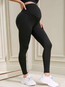 SHEIN Maternity Solid Belly Support Leggings - Black - View 3