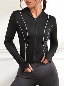 Contrast Piping Zip Up Hooded Sports Jacket - Black - View 5