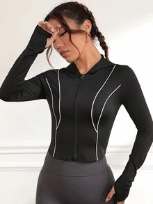 Contrast Piping Zip Up Hooded Sports Jacket - Black - View 6