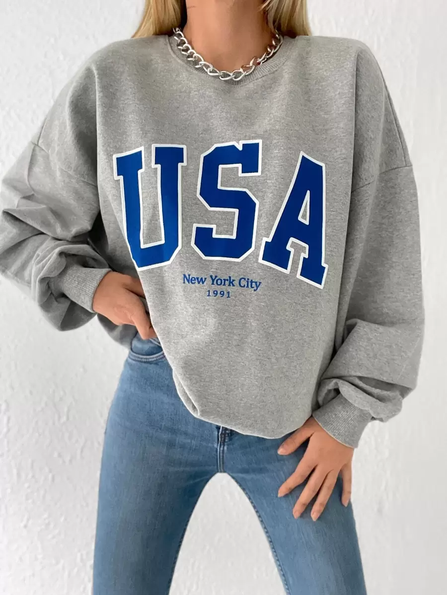 RueChic Letter Graphic Drop Shoulder Sweatshirt - Grey - View 1