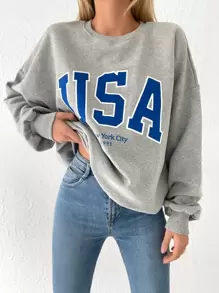 RueChic Letter Graphic Drop Shoulder Sweatshirt - Grey - View 3
