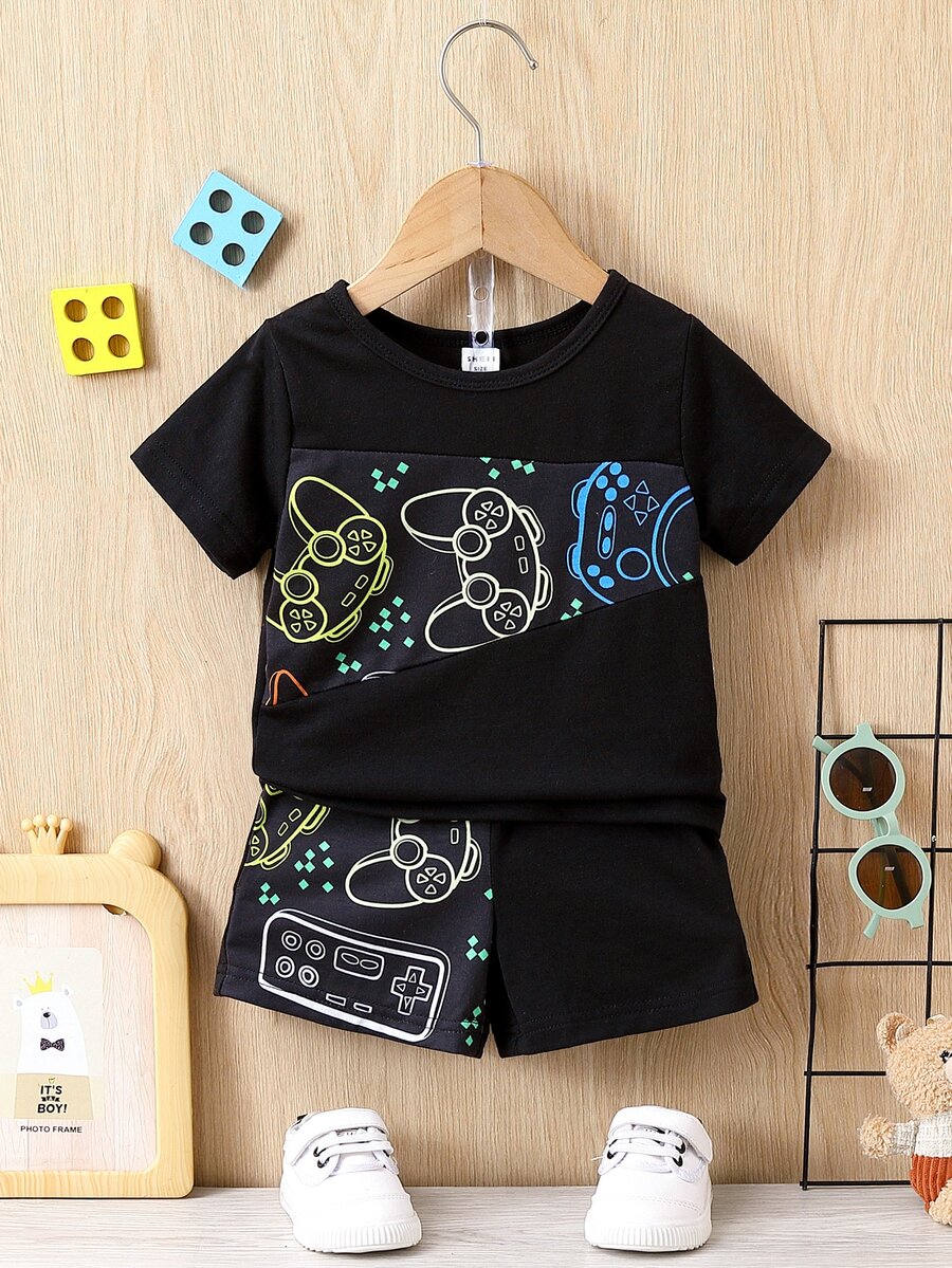 男嬰遊戲手柄圖案T恤和短褲 - 黑色 - 查看 1