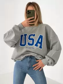 RueChic Letter Graphic Drop Shoulder Sweatshirt - Grey - View 6