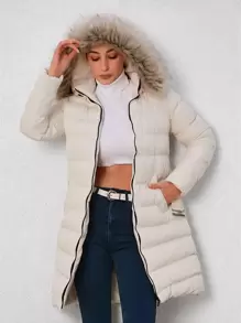 EURMUSE Cappotto imbottito tasca inclinata bordo sfocato con cappuccio con cintura - Bianco - Visualizzare 1