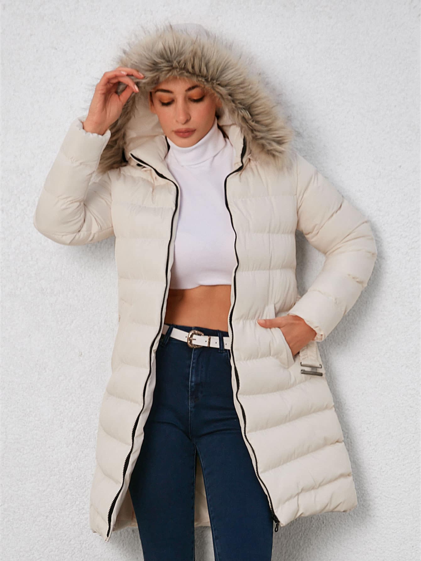 EURMUSE Cappotto imbottito tasca inclinata bordo sfocato con cappuccio con cintura - Bianco - Visualizzare 1
