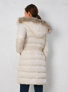 EURMUSE Cappotto imbottito tasca inclinata bordo sfocato con cappuccio con cintura - Bianco - Visualizzare 2