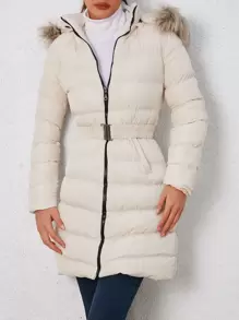 EURMUSE Cappotto imbottito tasca inclinata bordo sfocato con cappuccio con cintura - Bianco - Visualizzare 3