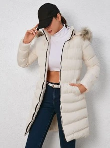 EURMUSE Cappotto imbottito tasca inclinata bordo sfocato con cappuccio con cintura - Bianco - Visualizzare 4