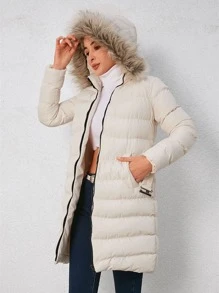 EURMUSE Cappotto imbottito tasca inclinata bordo sfocato con cappuccio con cintura - Bianco - Visualizzare 5