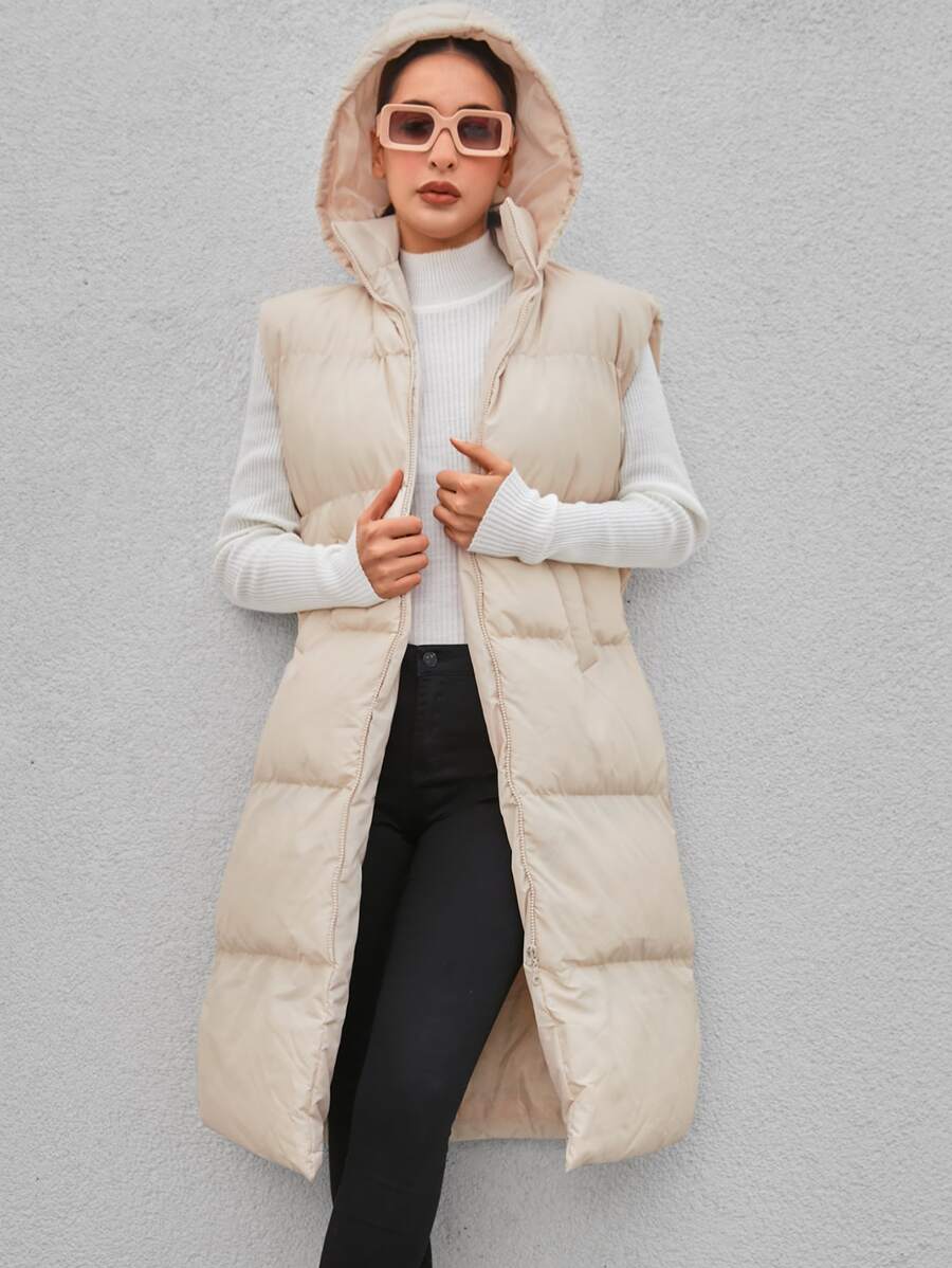 EURMUSE Solid Hooded Vest Puffer Coat - Apricot - View 1