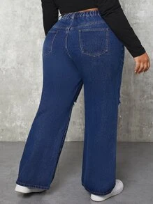 SHEIN SXY Plus High Waist Ripped Flare Leg Jeans - Dark Wash - View 2