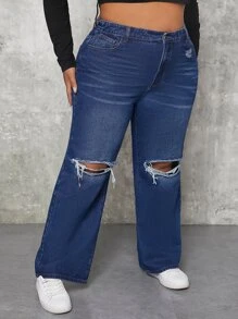 SHEIN SXY Plus High Waist Ripped Flare Leg Jeans - Dark Wash - View 4