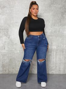 SHEIN SXY Plus High Waist Ripped Flare Leg Jeans - Dark Wash - View 5