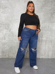SHEIN SXY Plus High Waist Ripped Flare Leg Jeans - Dark Wash - View 3