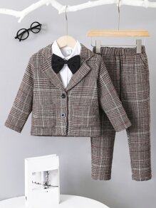 小男童格紋西裝領西裝外套和褲子無襯衫