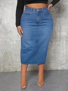 SHEIN SXY 大碼高腰牛仔半身裙 - 中等水洗藍 - 查看 3