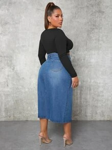 SHEIN SXY 大碼高腰牛仔半身裙 - 中等水洗藍 - 查看 2