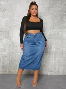 SHEIN SXY 大碼高腰牛仔半身裙 - 中等水洗藍 - 查看 4