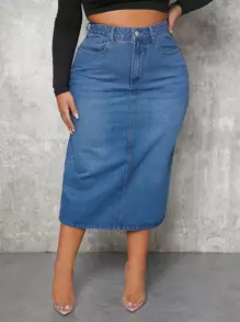 SHEIN SXY 大碼高腰牛仔半身裙 - 中等水洗藍 - 查看 1