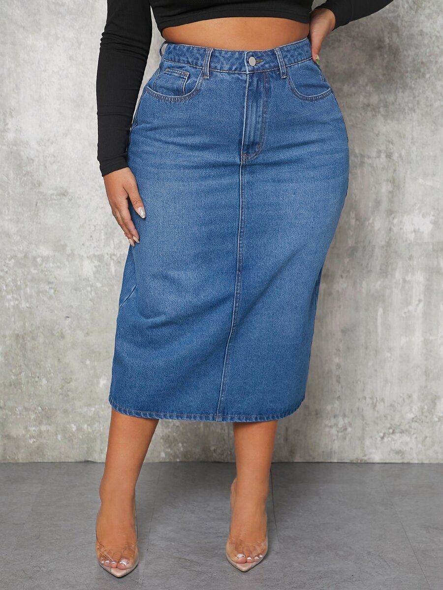 SHEIN SXY 大碼高腰牛仔半身裙 - 中等水洗藍 - 查看 1