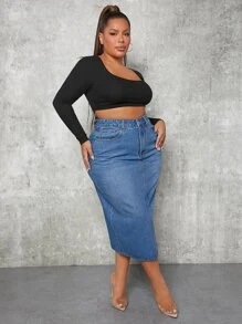 SHEIN SXY 大碼高腰牛仔半身裙 - 中等水洗藍 - 查看 5