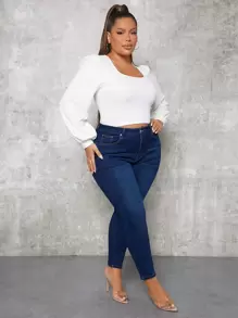 SHEIN SXY Plus High Waist Skinny Jeans - Dark Wash - View 3