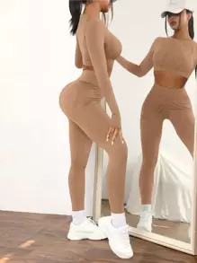 Easithlete Solid Raglan Sleeve Sports Set Workout Women Set - Khaki - View 2