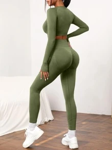 Easithlete 2 piezas conjunto de Yoga de alta elasticidad inconsútil chándal conjunto de gimnasio manga raglán Top control de barriga mallas deportivas - Verde militar - Ver 2