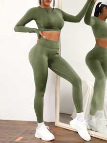 Easithlete 2 piezas conjunto de Yoga de alta elasticidad inconsútil chándal conjunto de gimnasio manga raglán Top control de barriga mallas deportivas - Verde militar - Ver 3