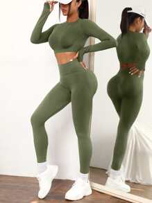 Easithlete 2 piezas conjunto de Yoga de alta elasticidad inconsútil chándal conjunto de gimnasio manga raglán Top control de barriga mallas deportivas - Verde militar - Ver 4