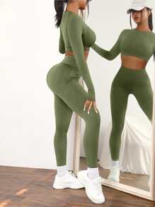 Easithlete 2 piezas conjunto de Yoga de alta elasticidad inconsútil chándal conjunto de gimnasio manga raglán Top control de barriga mallas deportivas - Verde militar - Ver 7