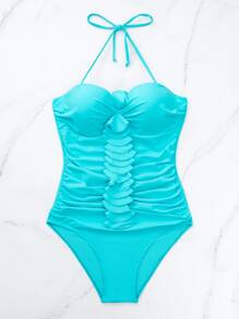 SHEIN Swim Summer Beach Ruched Push Up One Piece Swimsuit - Mint Blue - View 4