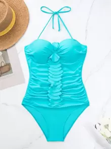 SHEIN Swim Summer Beach Ruched Push Up One Piece Swimsuit - Mint Blue - View 6