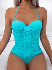 SHEIN Swim Summer Beach Ruched Push Up One Piece Swimsuit - Mint Blue - View 7