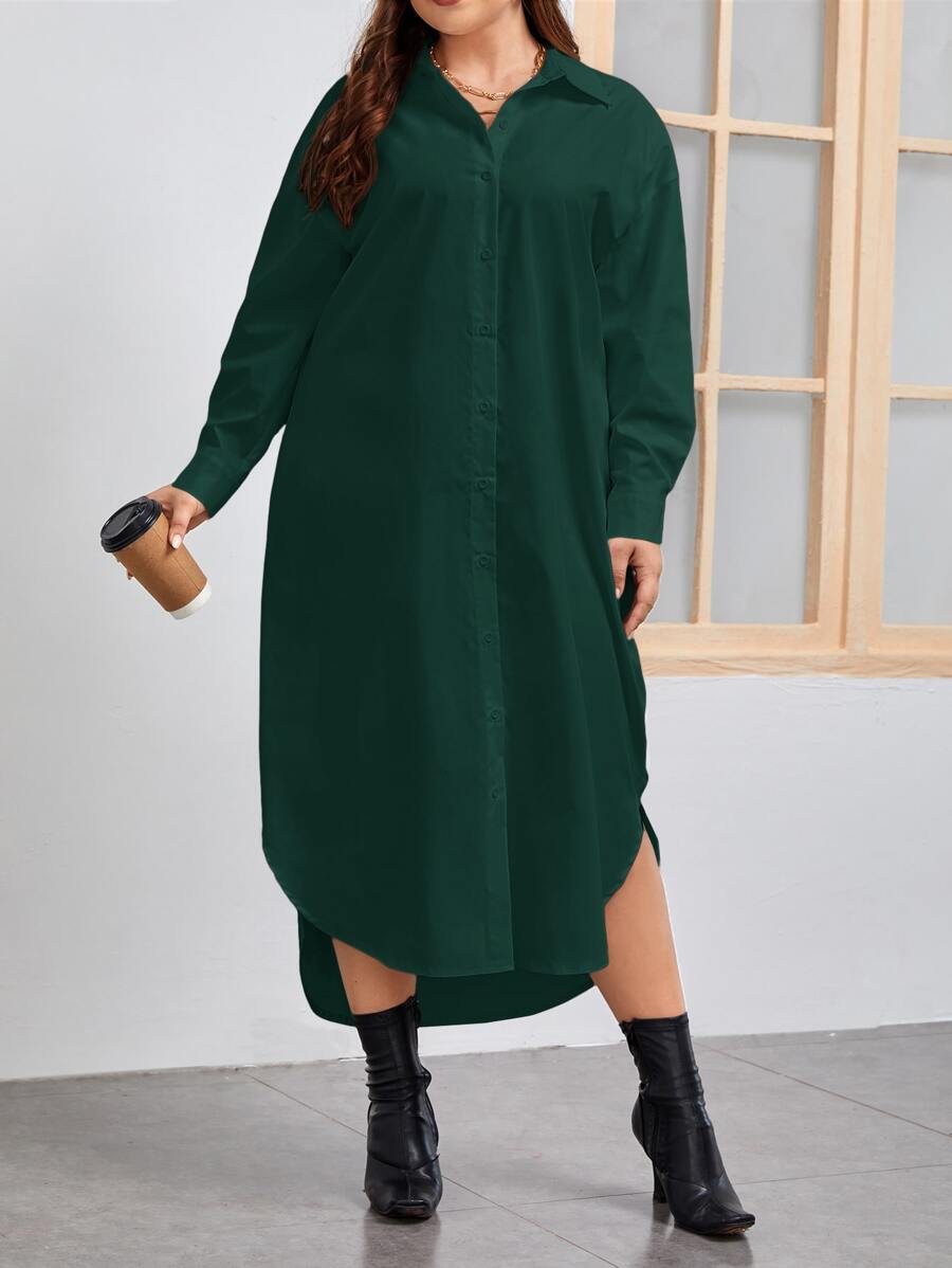 SHEIN LUNE Plus Drop Shoulder Curved Hem Shirt Dress - Dark Green - View 1
