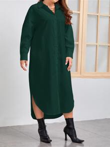 SHEIN LUNE Plus Drop Shoulder Curved Hem Shirt Dress - Dark Green - View 3