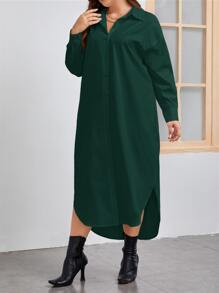 SHEIN LUNE Plus Drop Shoulder Curved Hem Shirt Dress - Dark Green - View 4