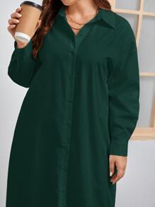SHEIN LUNE Plus Drop Shoulder Curved Hem Shirt Dress - Dark Green - View 5