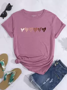 INAWLY Heart Print Tee Graphic Tees Women Tops