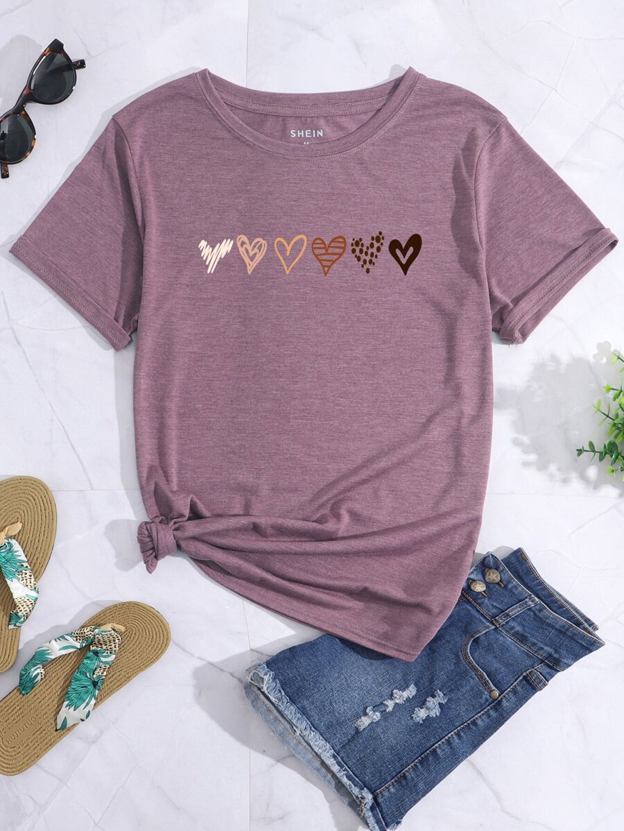 INAWLY Heart Print Tee Graphic Tees Women Tops - Mauve Purple - View 1