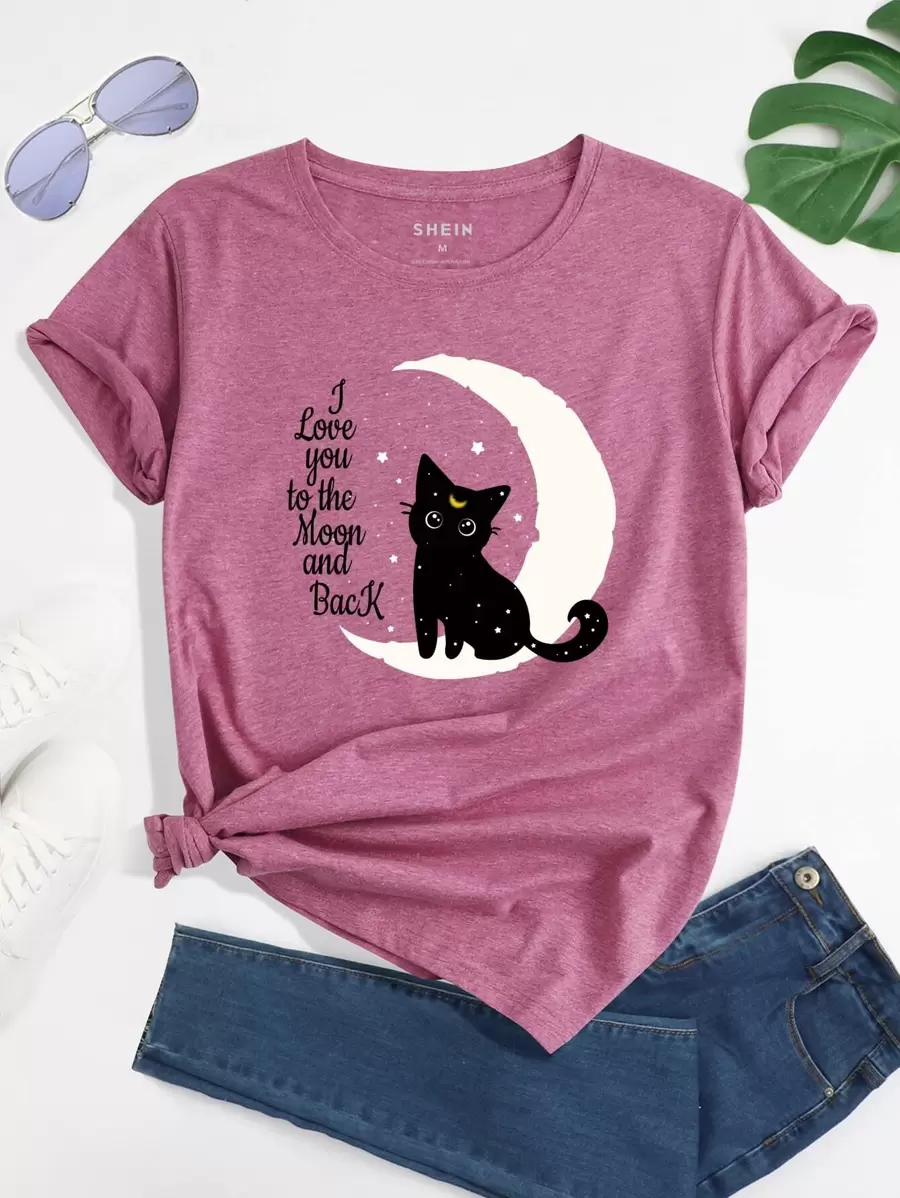 SHEIN LUNE Cat And Moon Print Tee - Dusty Pink - View 1