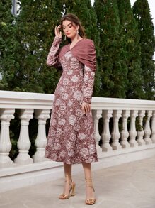 Modelyn con estampado floral fruncido Capa Vestido sin cinturón - Multicolor - Ver 3