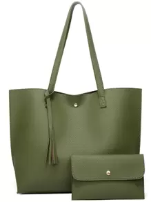 2入組荔枝紋壓花流蘇裝飾單肩手提包帶零錢包，送給母親節禮物，最佳女士工作包 - 綠色 - 查看 1