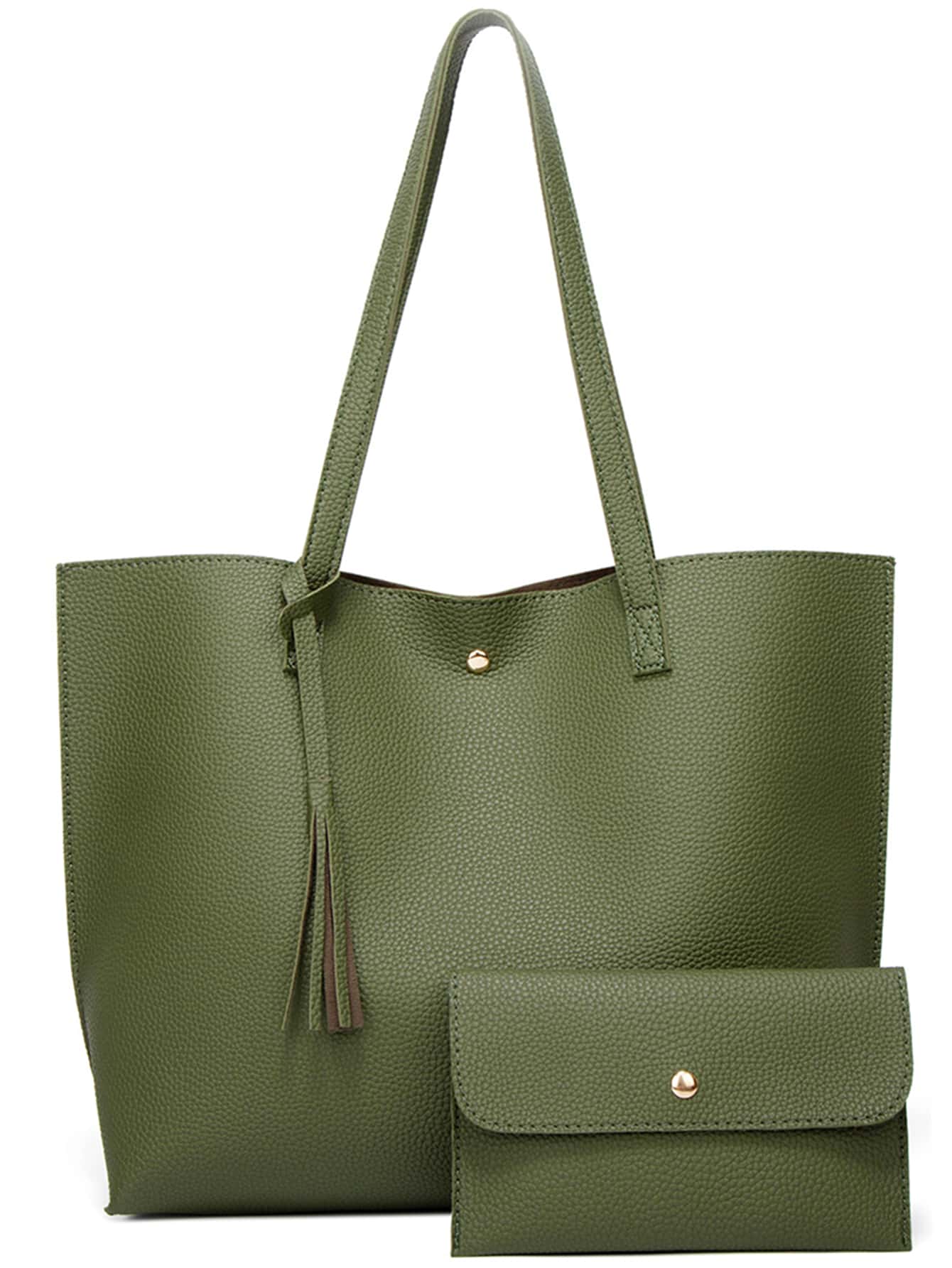 2入組荔枝紋壓花流蘇裝飾單肩手提包帶零錢包，送給母親節禮物，最佳女士工作包 - 綠色 - 查看 1