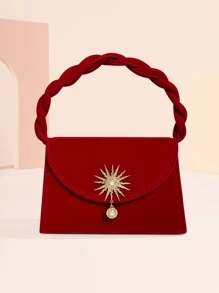 Sun & Faux Pearl Decor Flap Square Bag - Red - View 6