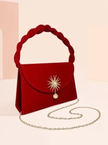 Sun & Faux Pearl Decor Flap Square Bag - Red - View 7