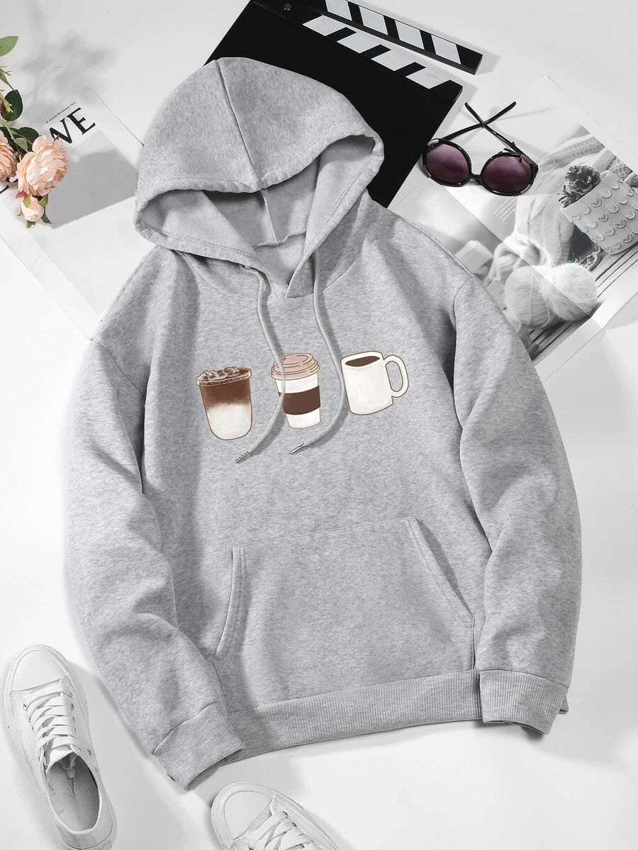 SHEIN LUNE Coffee Print Kangaroo Pocket Drawstring Thermal Hoodie - Grey - View 1